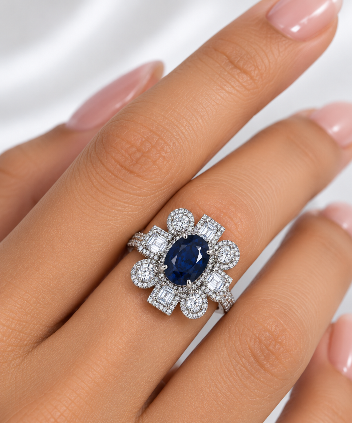 Women’s Ring – Sapphire Blue Floral Halo Statement Ring