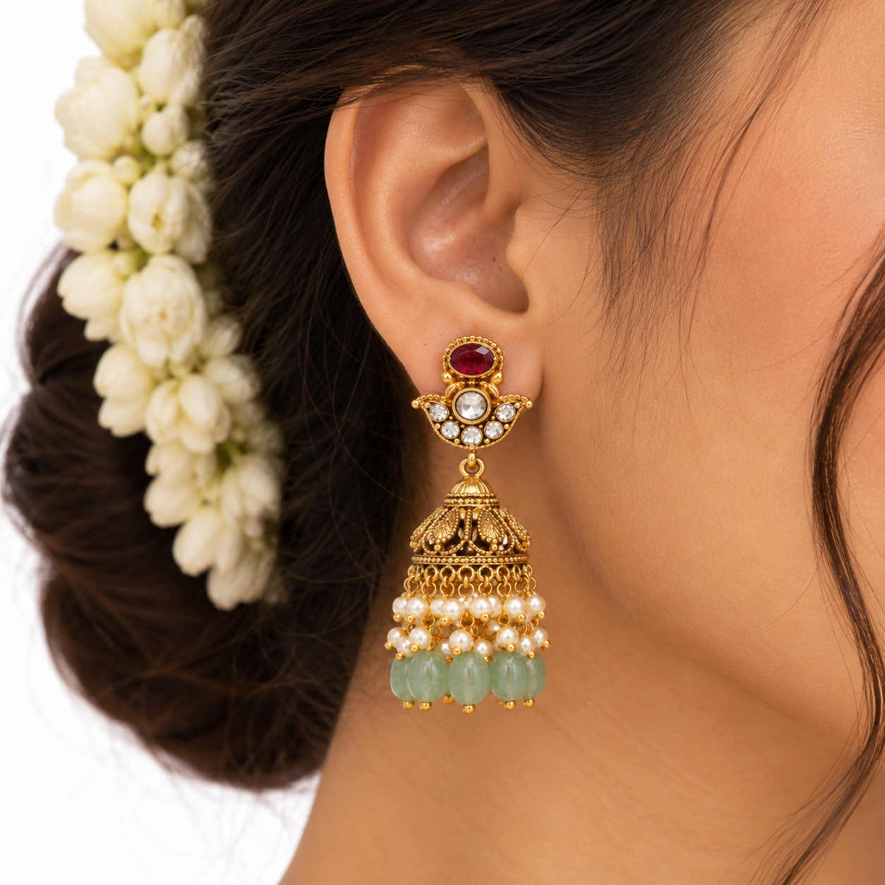 Women’s Earrings – Ruby & Green Pearl Jhumka Earrings