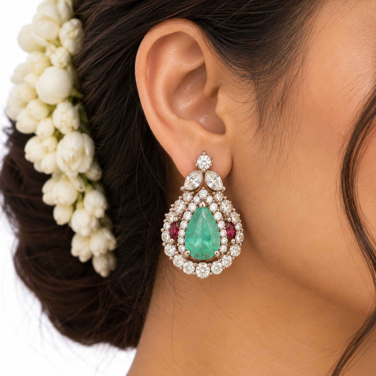 Women’s Earrings – Emerald Teardrop Halo Statement Earrings