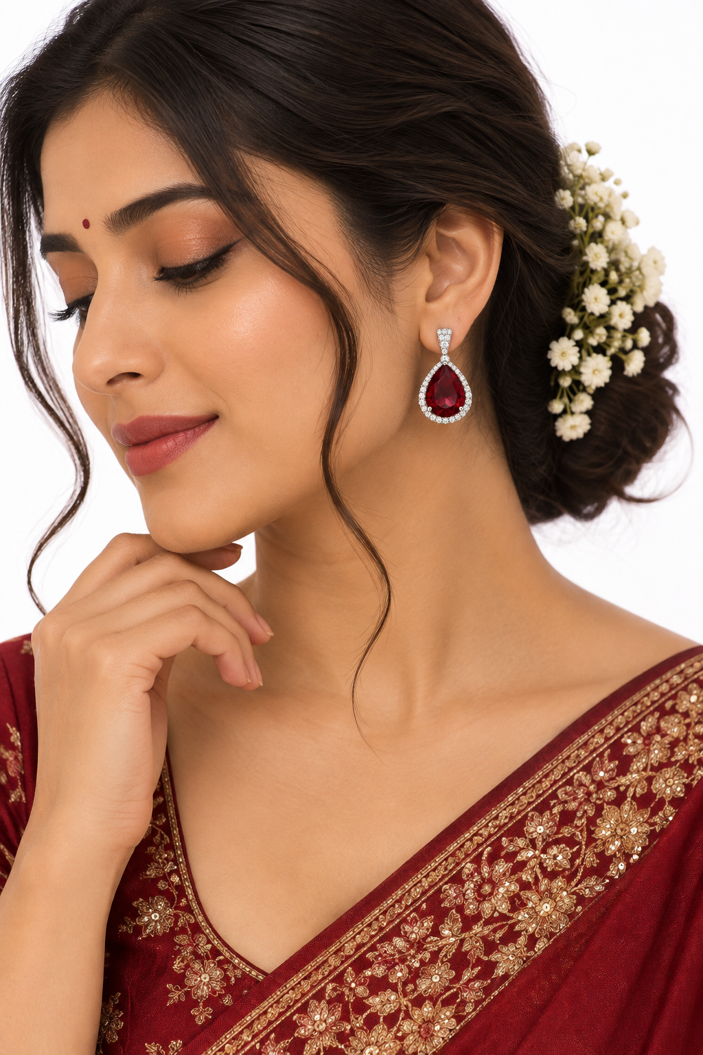 Women’s Earrings – Ruby Red Teardrop Halo Drop Earrings