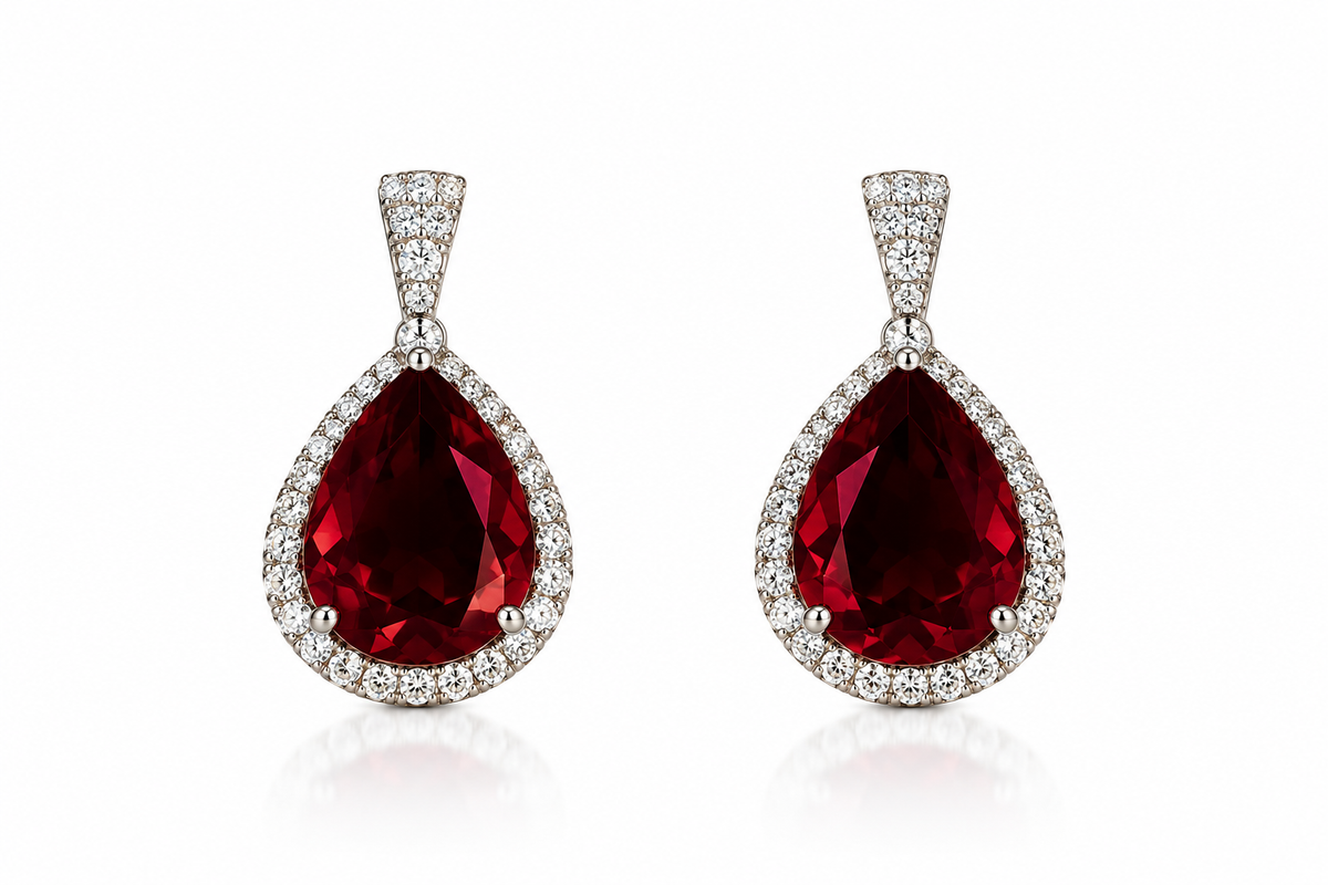 Women’s Earrings – Ruby Red Teardrop Halo Drop Earrings