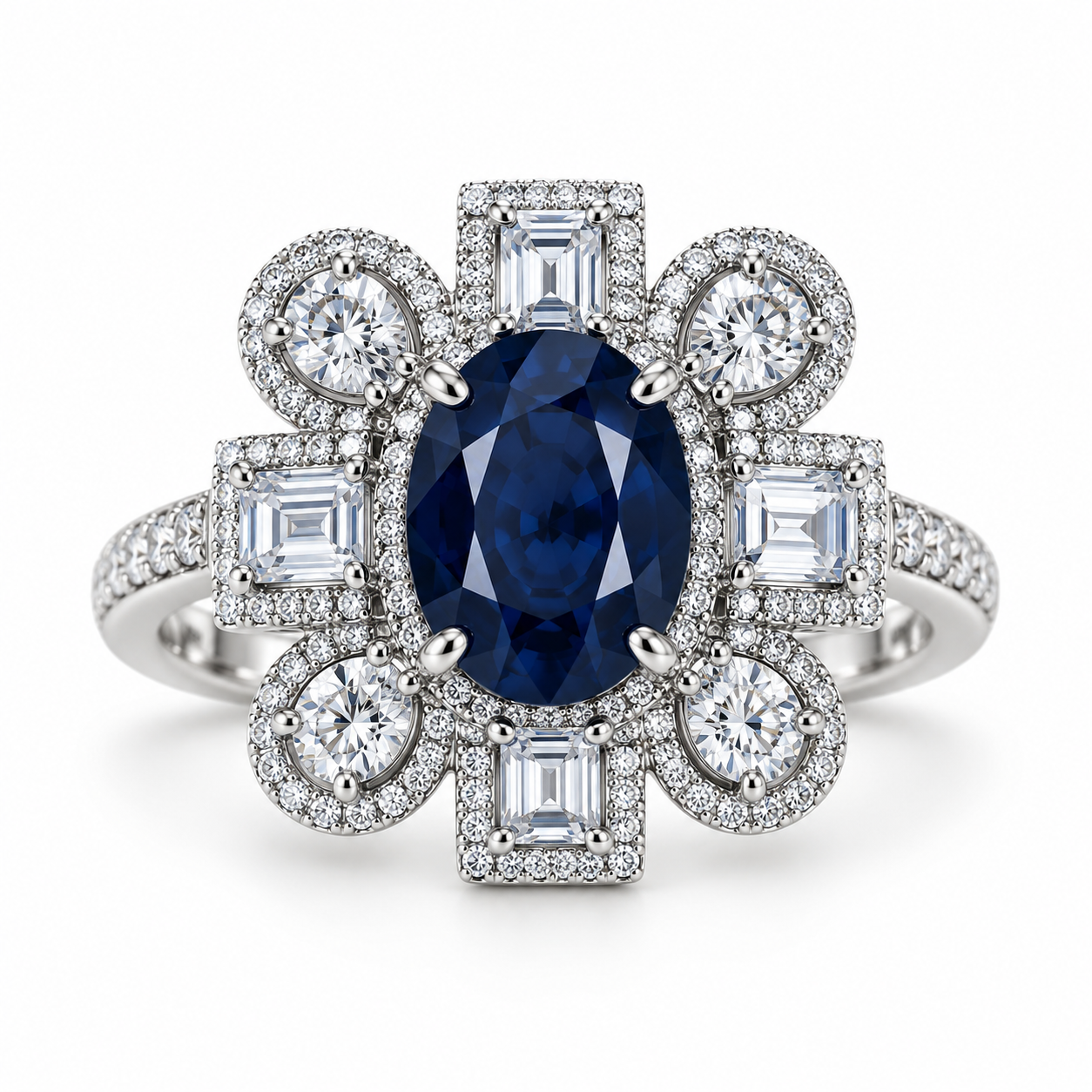 Women’s Ring – Sapphire Blue Floral Halo Statement Ring
