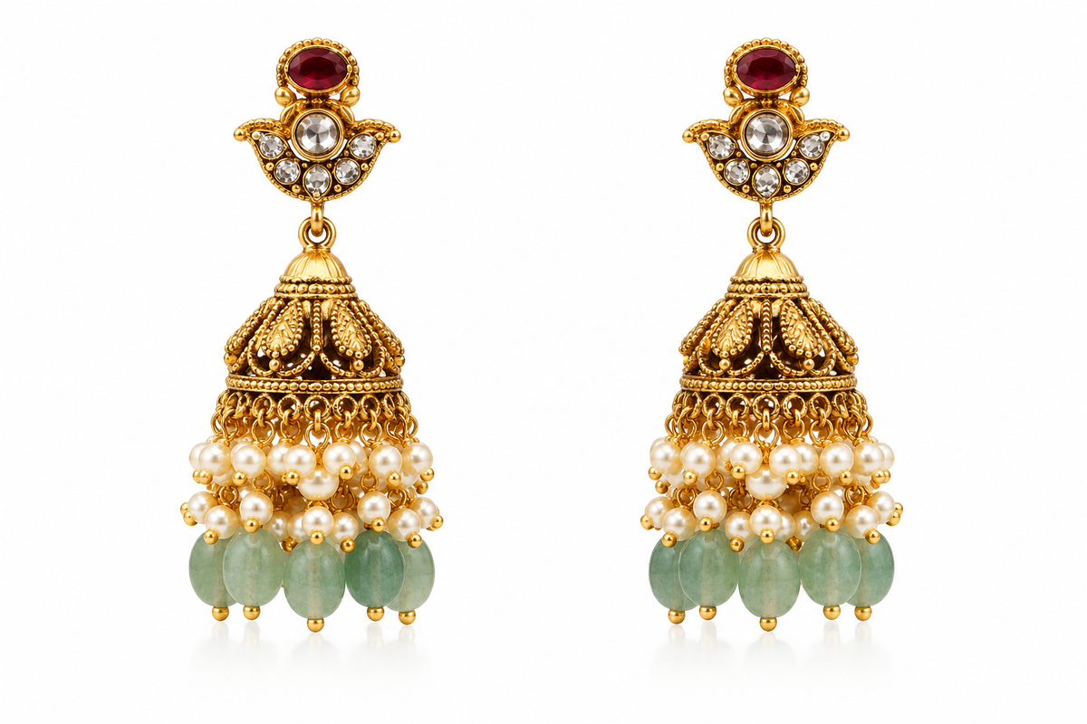 Women’s Earrings – Ruby & Green Pearl Jhumka Earrings