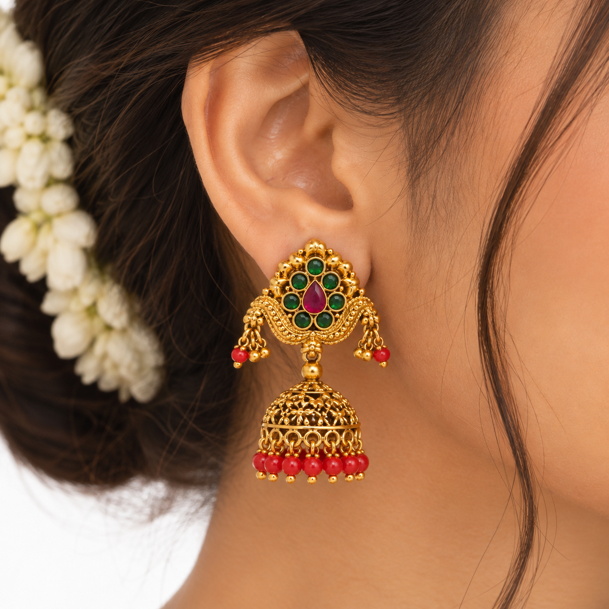 Women’s Earrings – Emerald & Ruby Traditional Jhumka Earrings