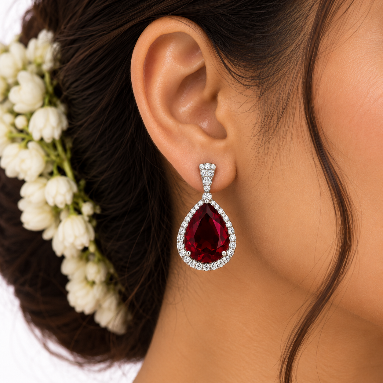 Women’s Earrings – Ruby Red Teardrop Halo Drop Earrings