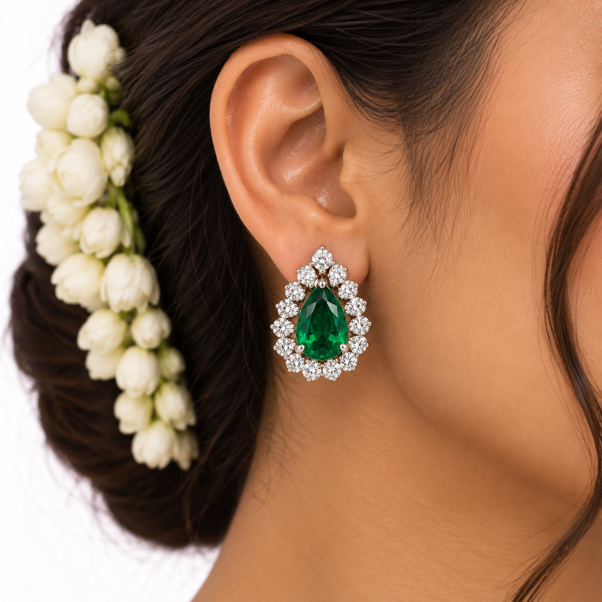 Women’s Earrings – Emerald Green Pear Halo Stud Earrings
