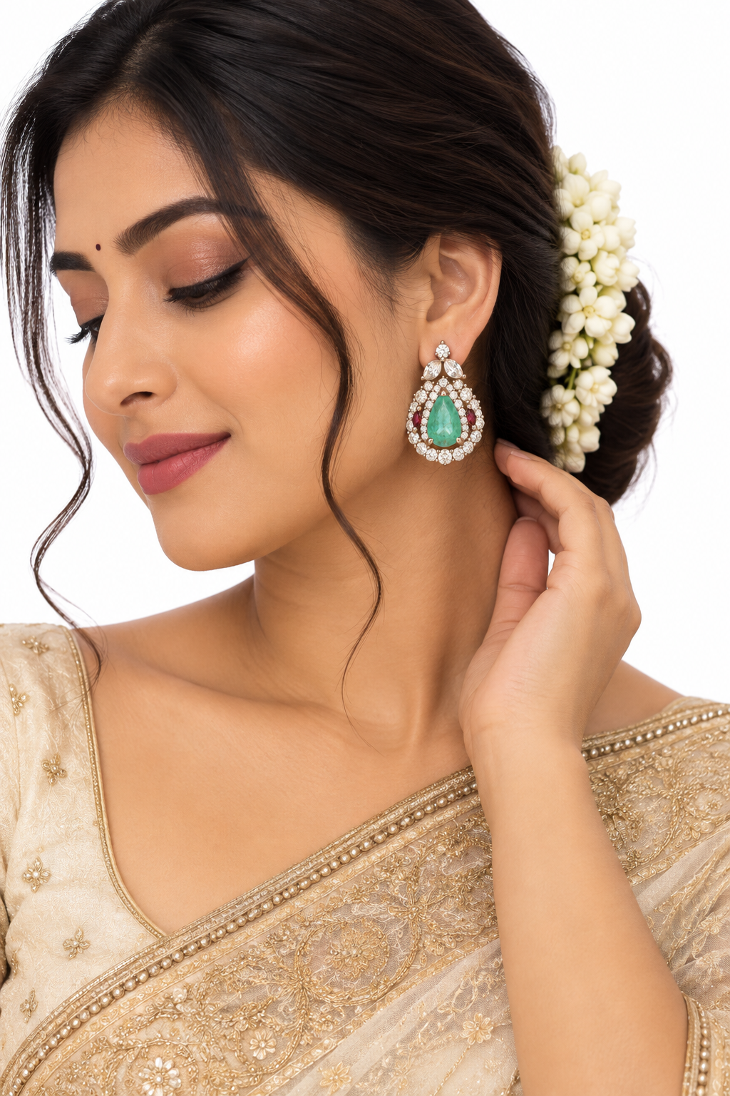 Women’s Earrings – Emerald Teardrop Halo Statement Earrings