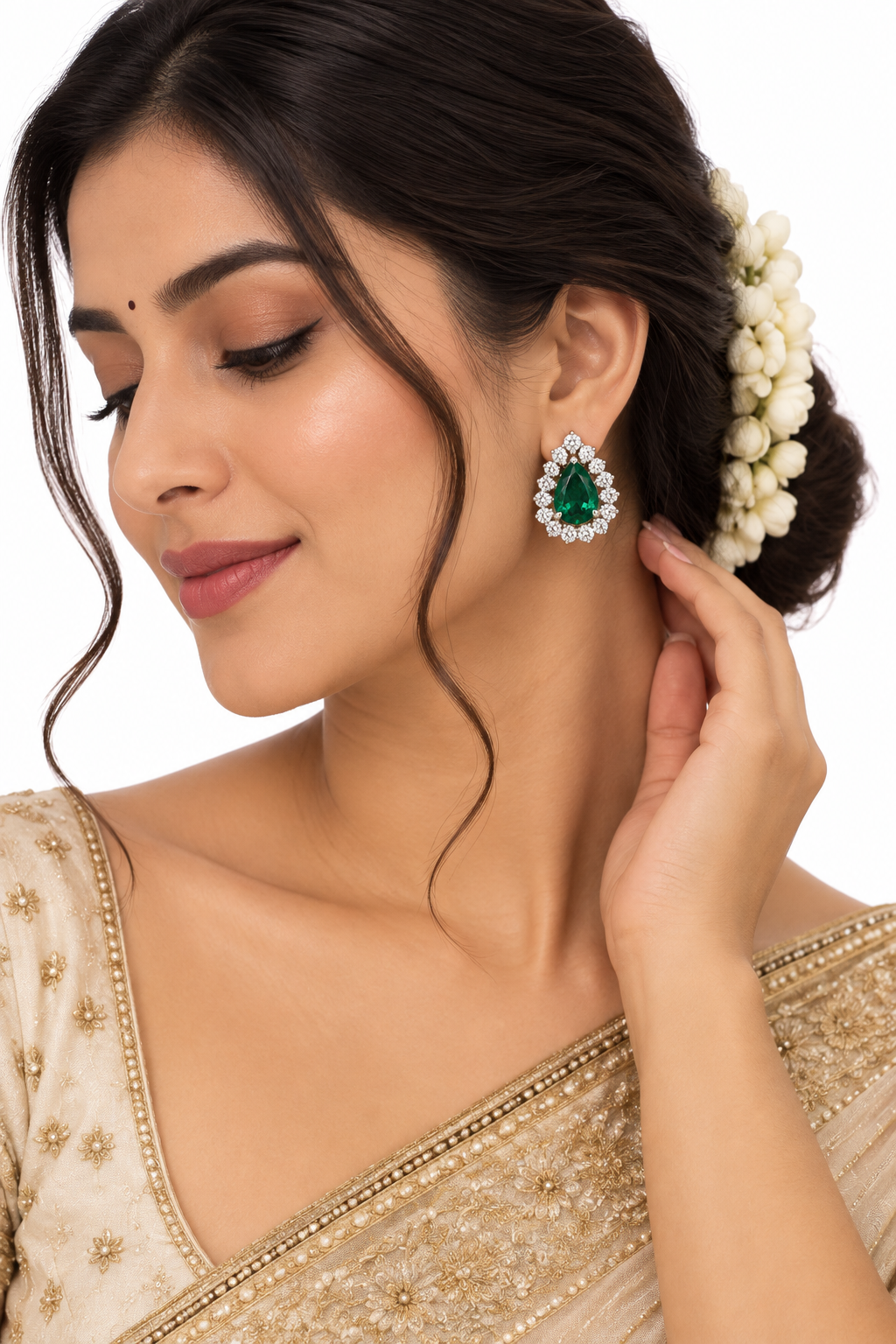 Women’s Earrings – Emerald Green Pear Halo Stud Earrings