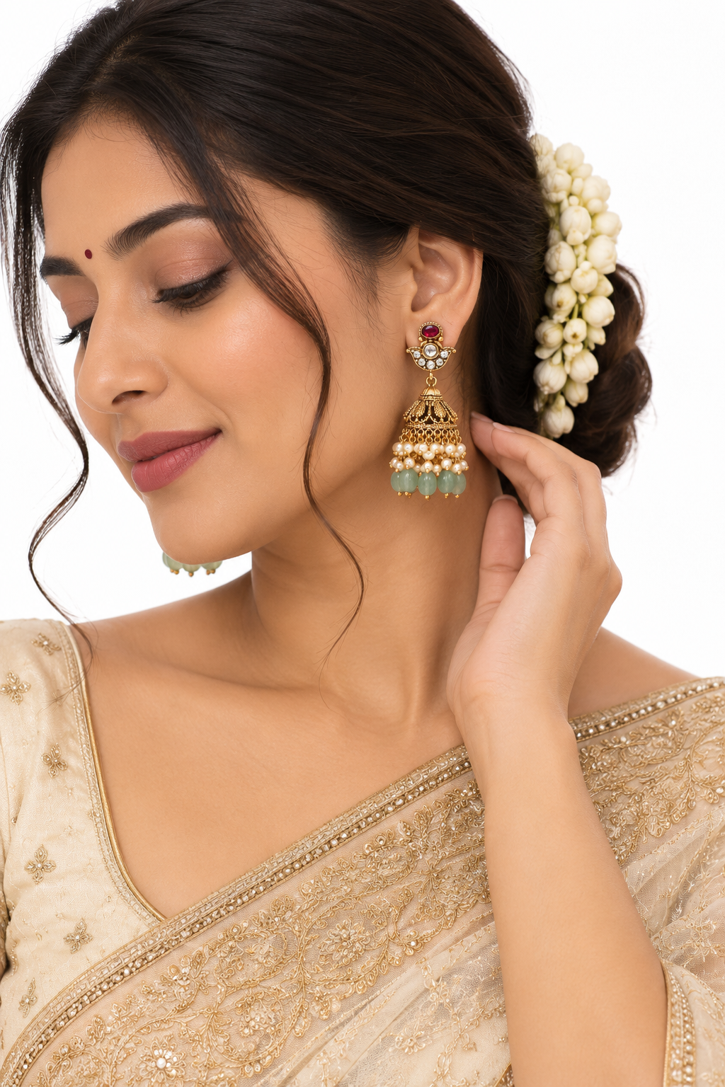 Women’s Earrings – Ruby & Green Pearl Jhumka Earrings