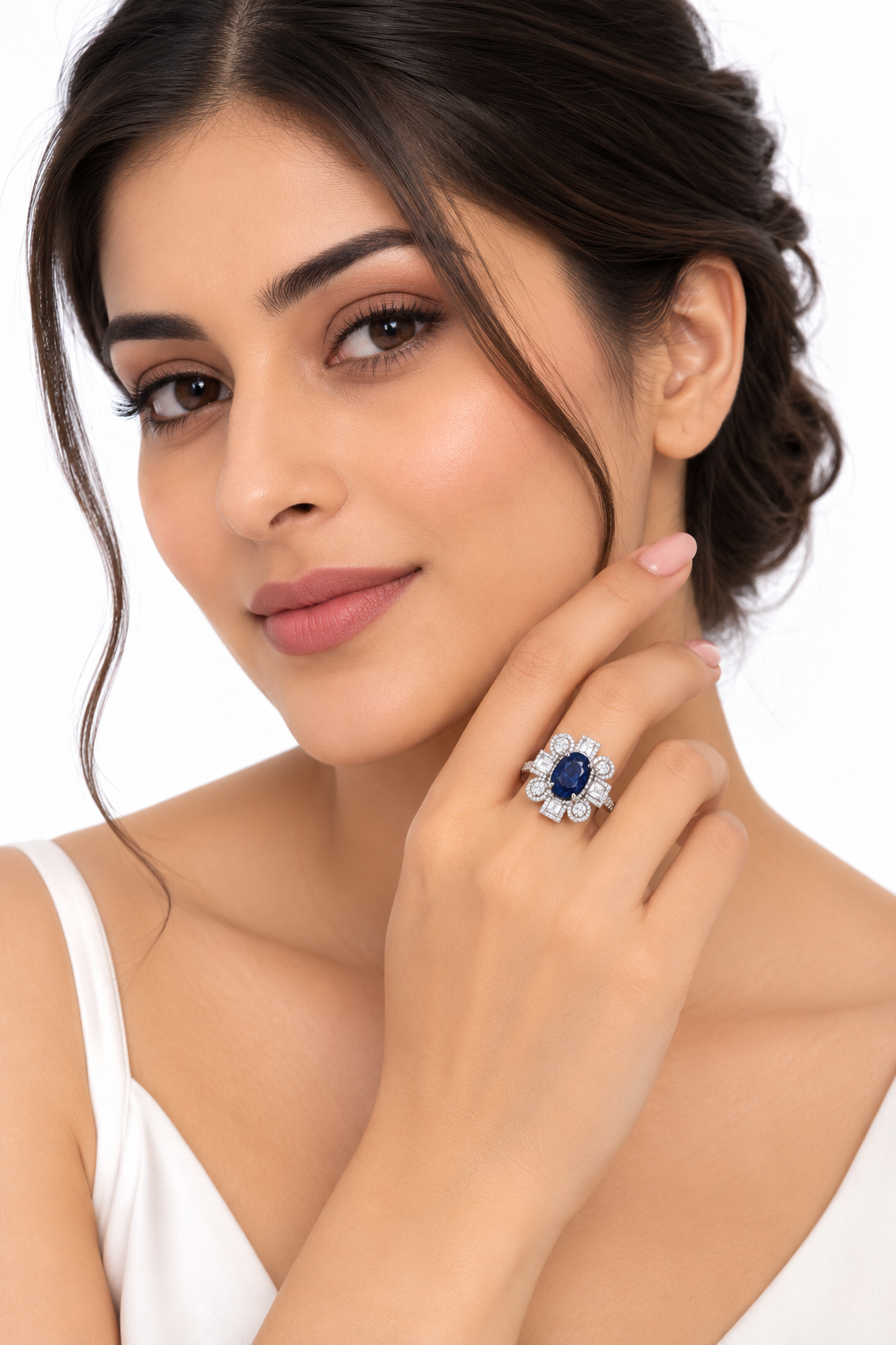Women’s Ring – Sapphire Blue Floral Halo Statement Ring